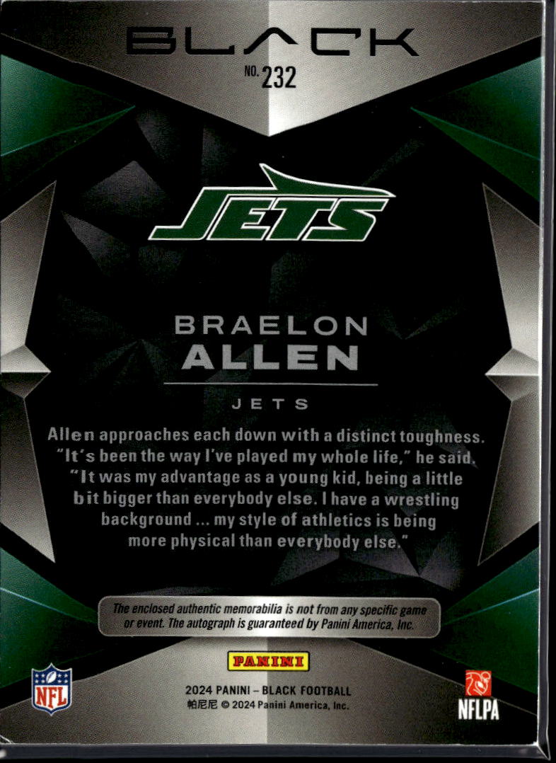Braelon Allen 2024 Panini Black Auto Autograph Patch RC 150/249 New York Jets