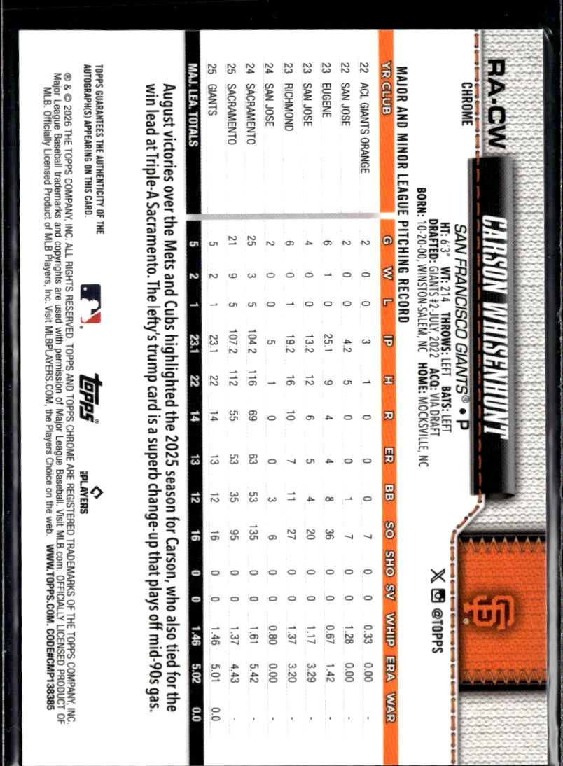 Carson Whisenhunt 2026 Topps Chrome Auto Autograph RC 197/199 SF Giants