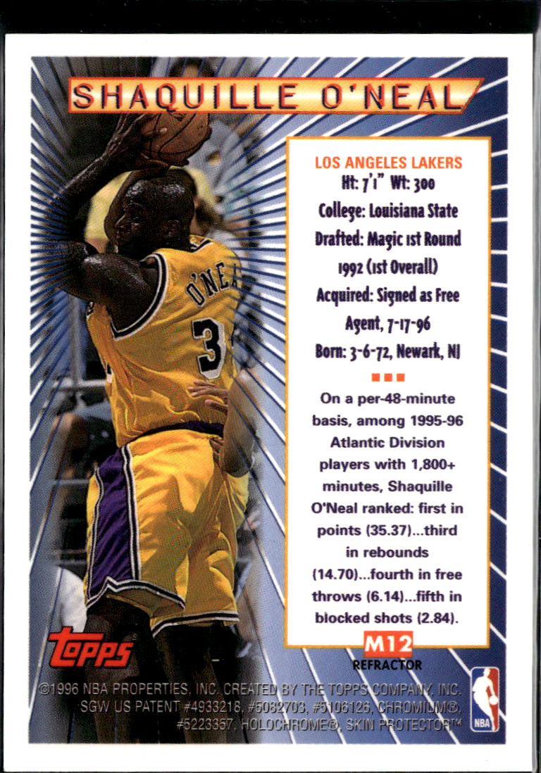 Shaquille O'neal 1996 Topps Mystery Finest REFRACTOR #M12 Los Angeles Lakers