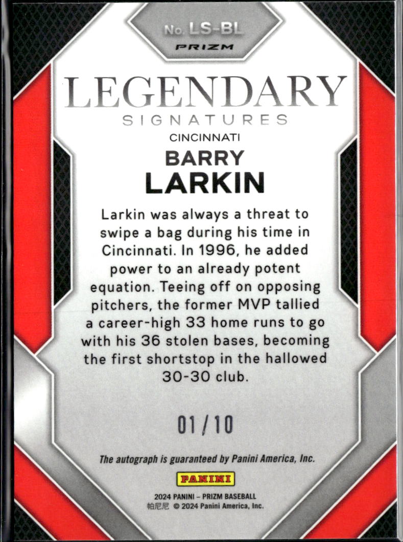 Barry Larkin 2024 Prizm Auto Autograph GOLD Prizm 1/10 Cincinnati Reds