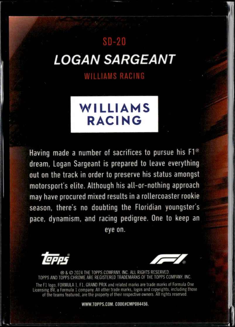 Logan Sargeant 2024 Topps Chrome Sapphire GOLD Formula 1 Speed Demons 22/50