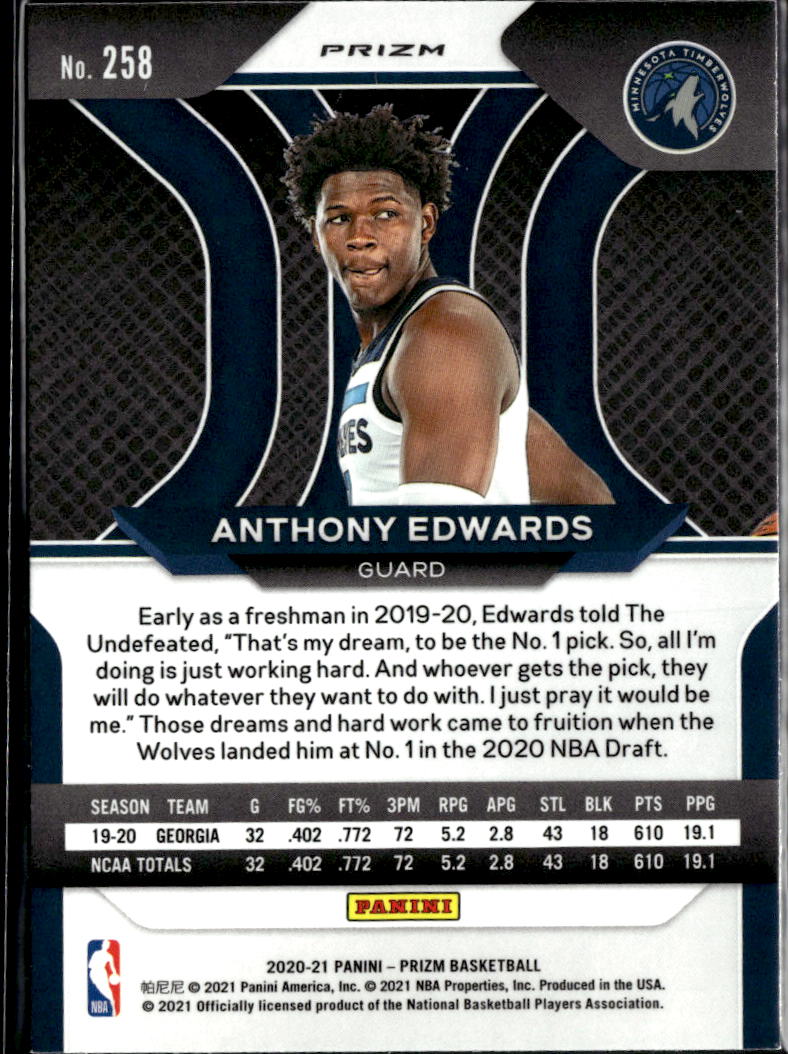 Anthony Edwards 2020-21 Prizm Green Prizm Rookie RC #258 Minnesota Timberwolves