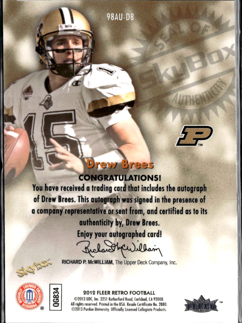 Drew Brees 2012 Fleer Retro  SkyBox Autographics Auto Autograph Purdue Saints