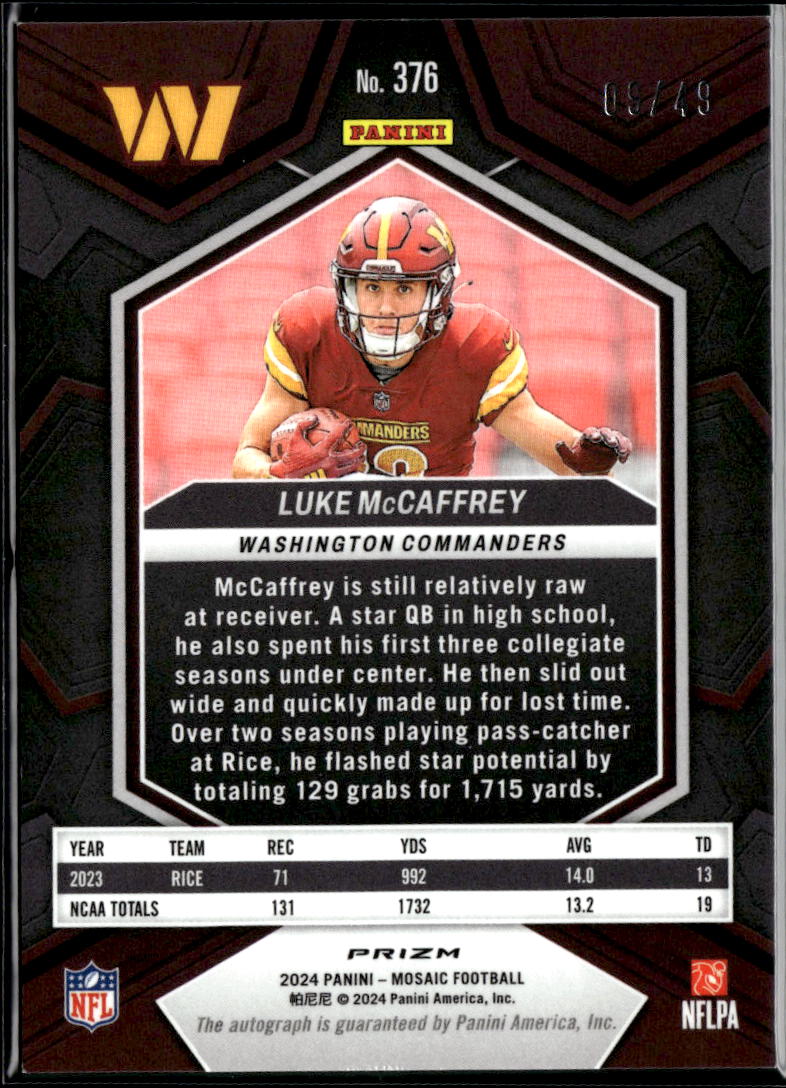 Luke McCaffrey 2024 Mosaic Auto Autograph Purple RC 9/49 Washington Commanders