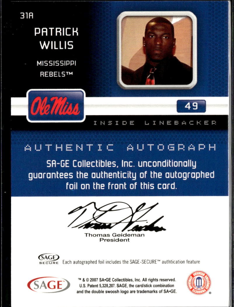 Patrick Willis 2007 SAGE Aspire Auto Autograph Rookie RC SF 49ers Ole Miss