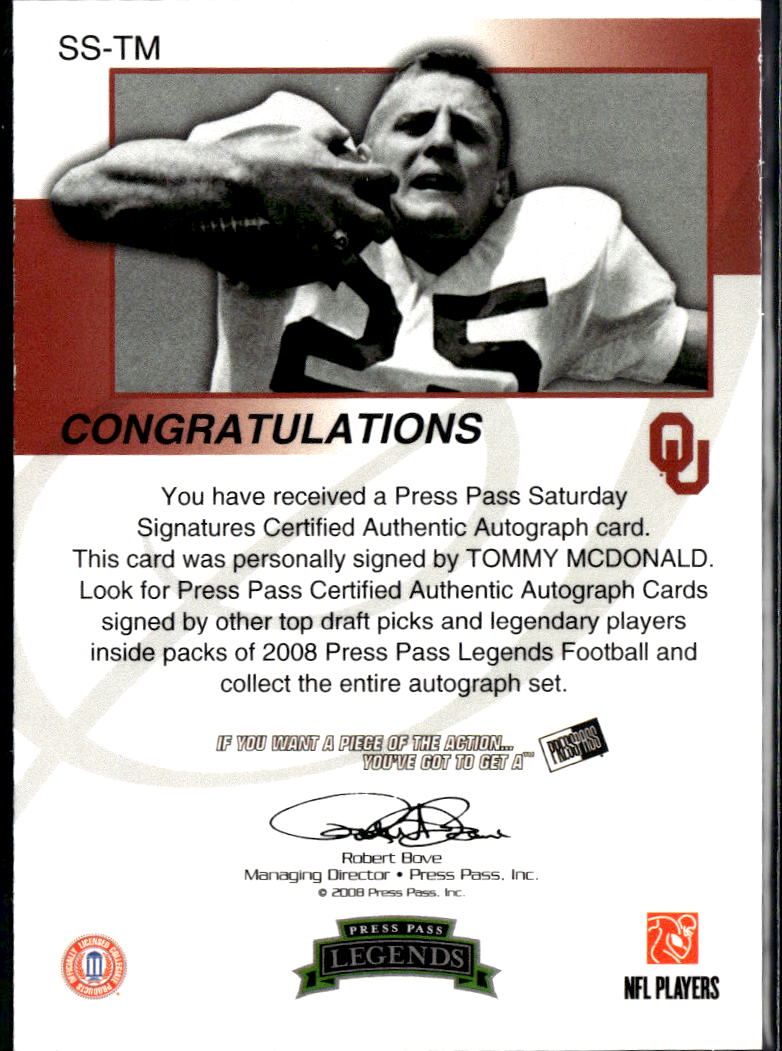 Tommy McDonald 2008 Press Pass Legends Auto Autograph Oklahoma Sooners