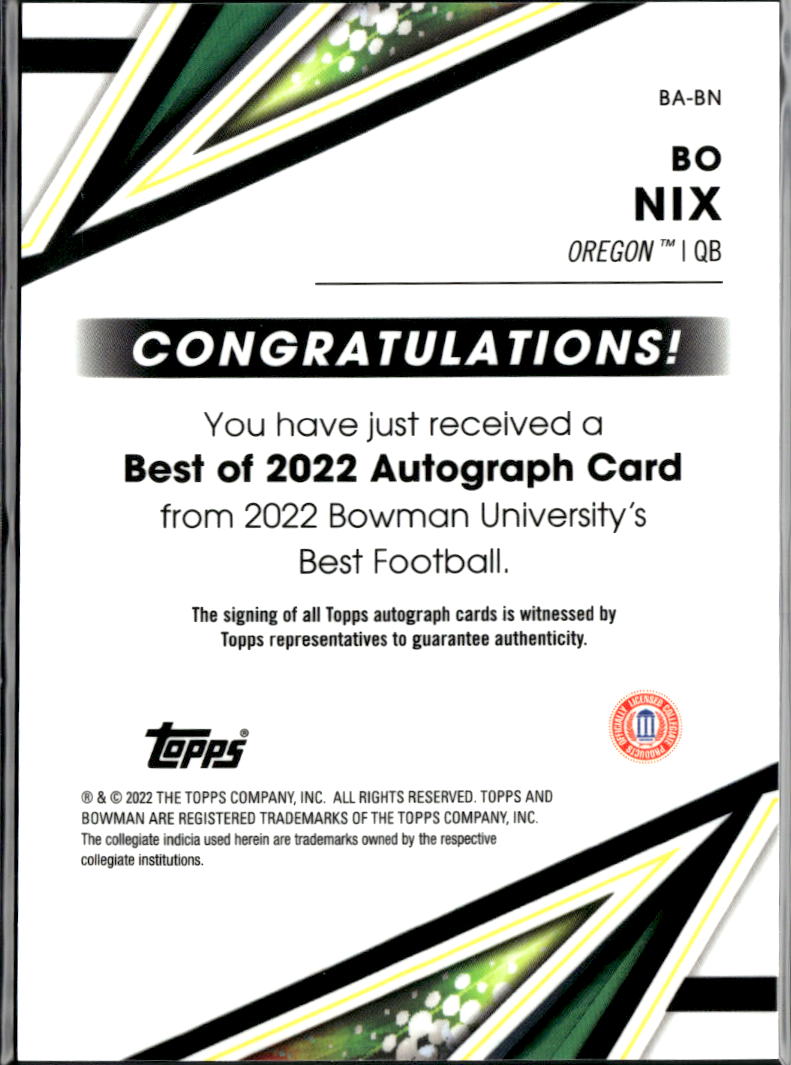 Bo Nix 2022 Bowman's Best Auto Autograph Rookie RC Broncos Oregon Ducks