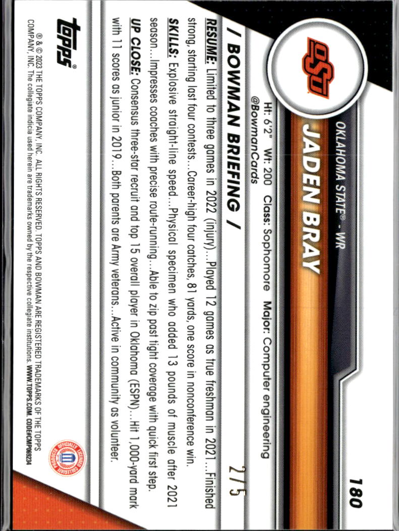 Jaden Bray 2023 Bowman Chrome 1st Red Sapphire RC SSP 2/5 Oklahoma State Cowboys