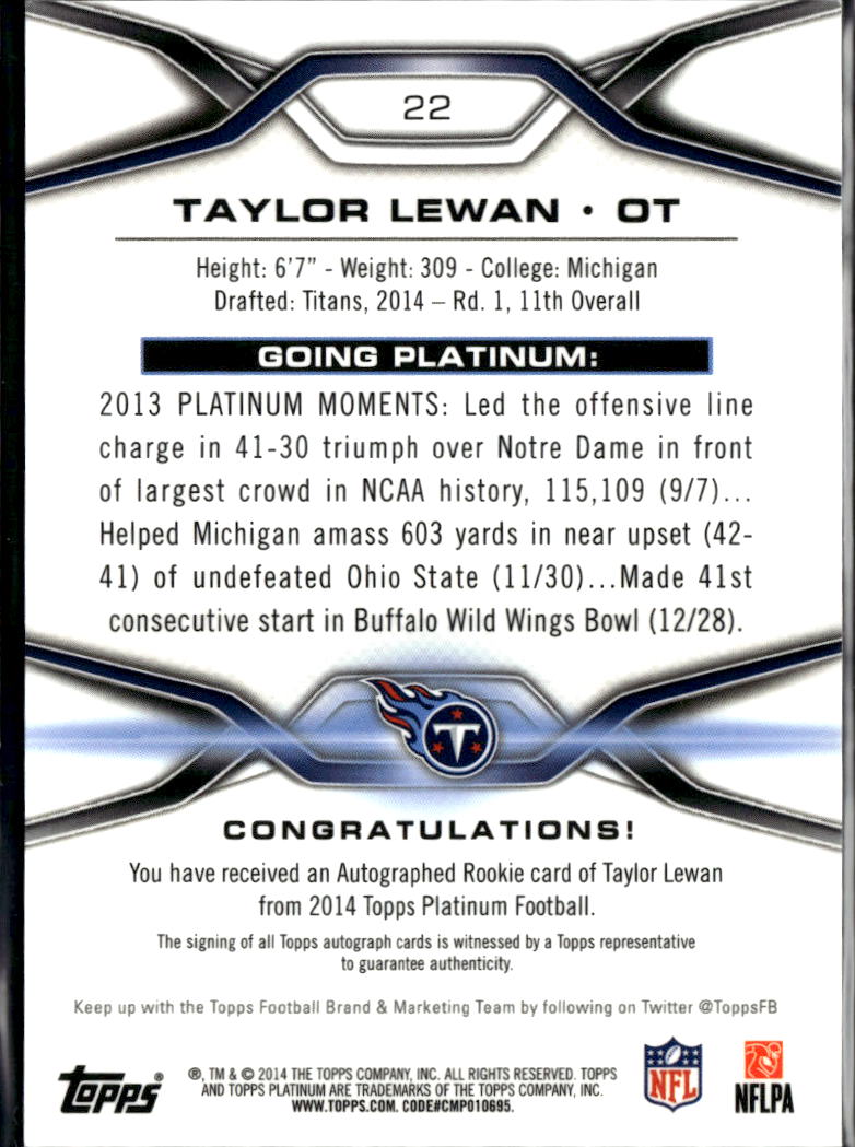 Taylor Lewan 2014 Topps Platinum Auto Autograph Rookie RC Tennessee Titans