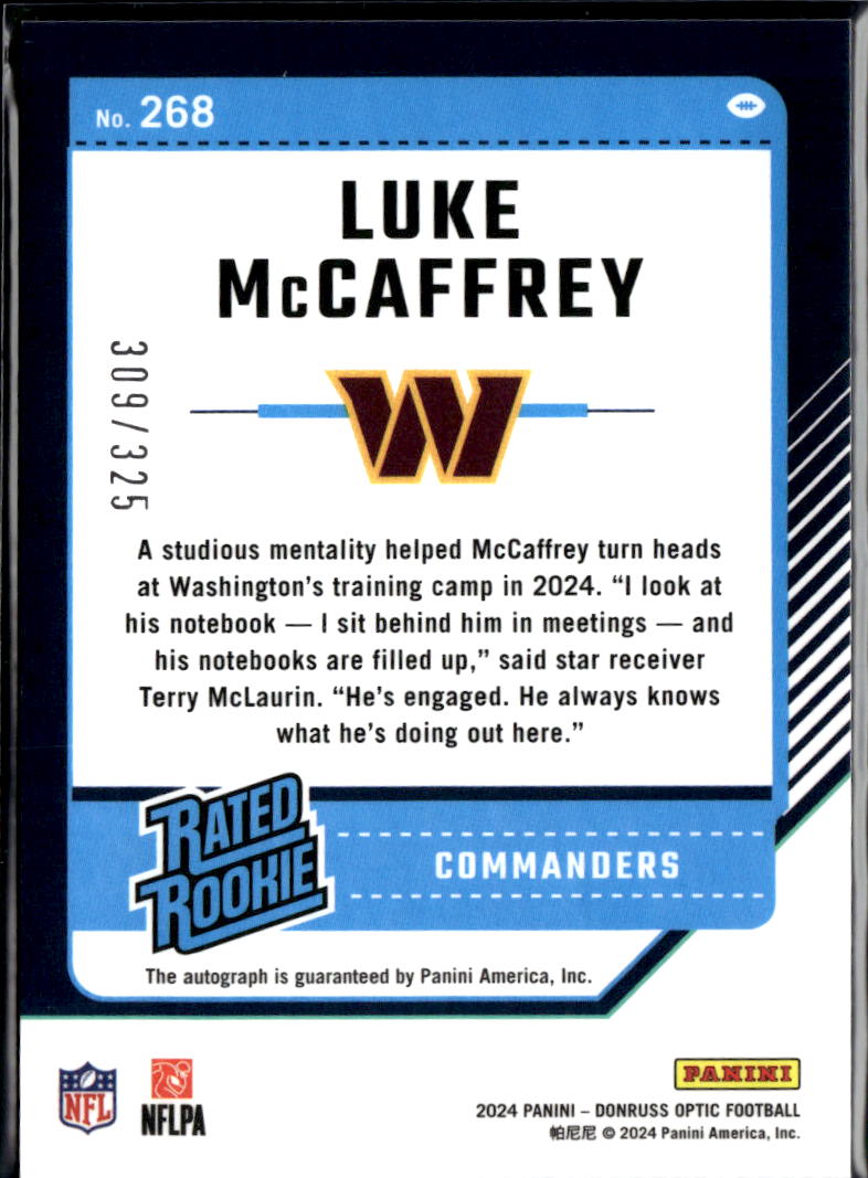 Luke McCaffrey 2024 Optic Rated Rookie Auto Autograph RC 309/325 Commanders