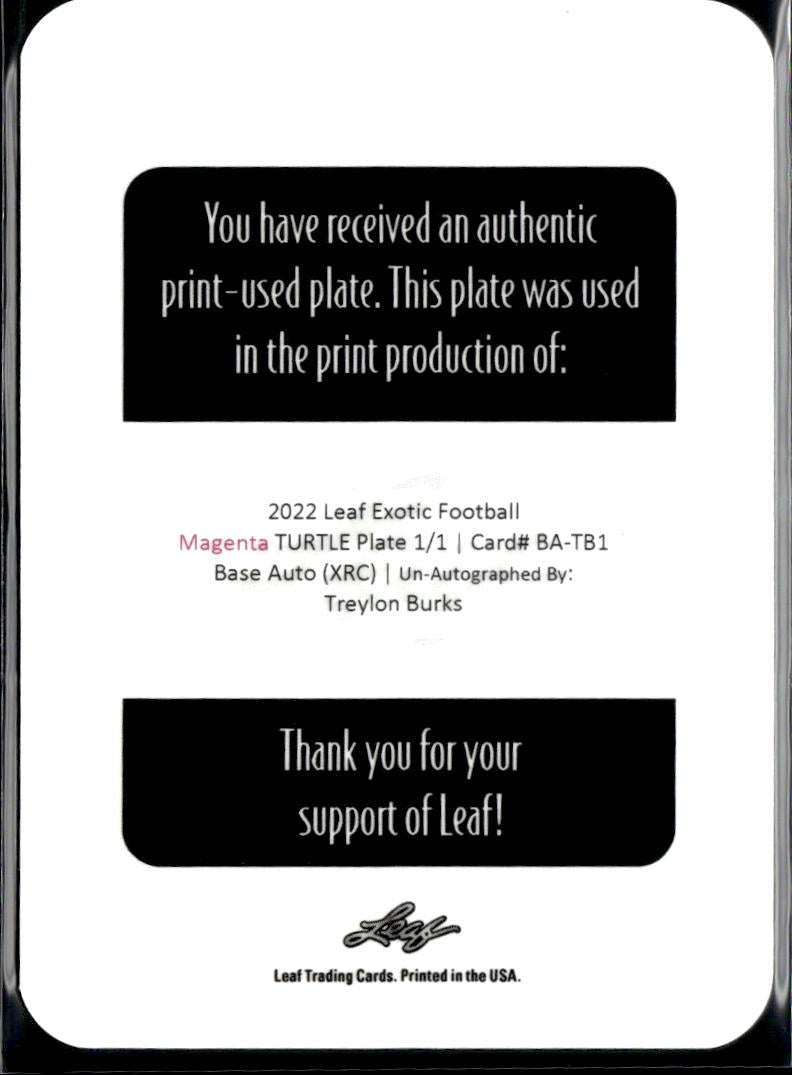 Treylon Burks 2022 Leaf Exotic Football RC Magenta Printing Plate Titans 1/1