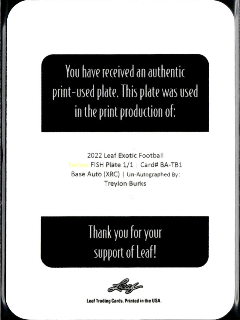 Treylon Burks 2022 Leaf Exotic Football RC Yellow Printing Plate Titans 1/1