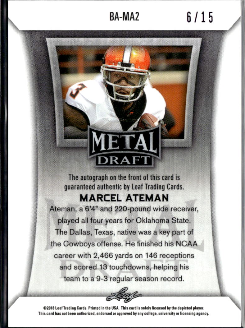 Marcel Ateman 2018 Leaf Metal Draft Auto Autograph Purple /15 Oklahoma State OSU