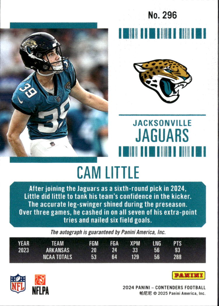 Cam Little 2025 Contenders Auto Autograph RC Arkansas Jacksonville Jaguars