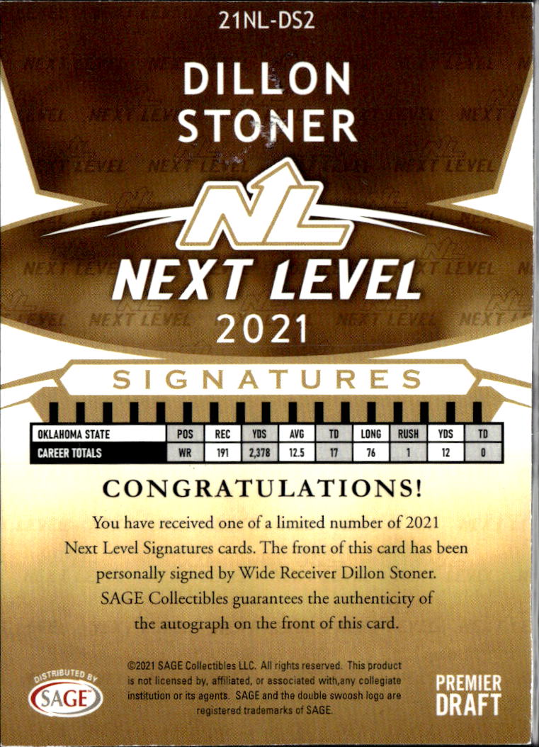 Dillon Stoner 2021 SAGE Auto Autograph RC 23/25 Oklahoma State Cowboys OSU