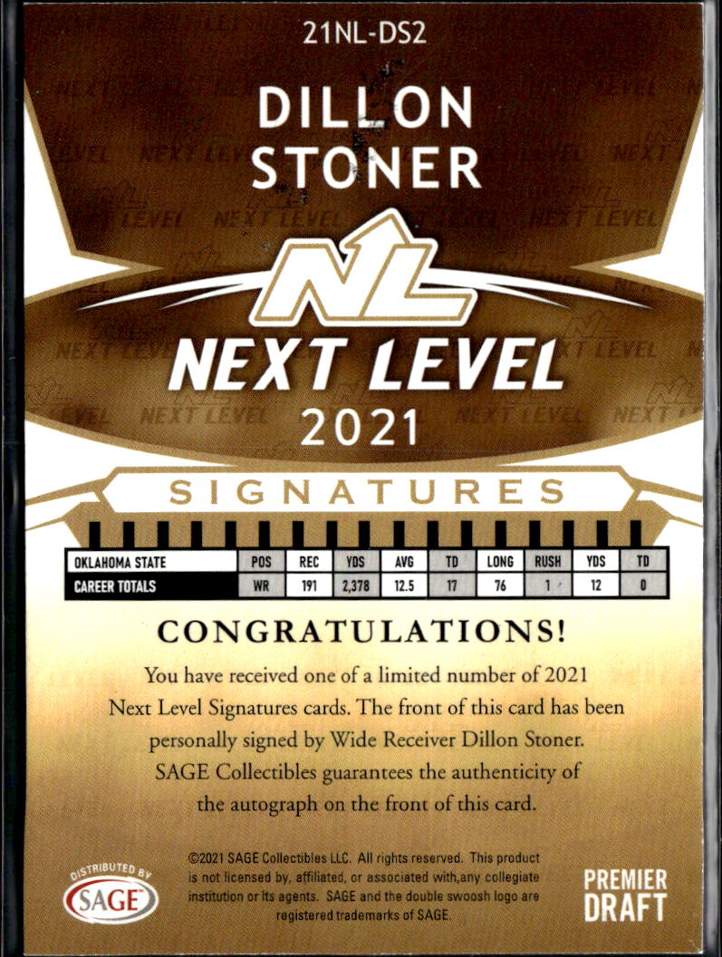 Dillon Stoner 2021 SAGE Auto Autograph RC 1/25 Oklahoma State Cowboys OSU