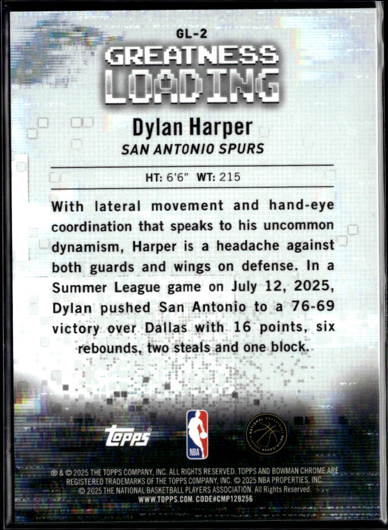 Dylan Harper 2025 Bowman Chrome Greatness GOLD Refractor RC 16/50 Spurs
