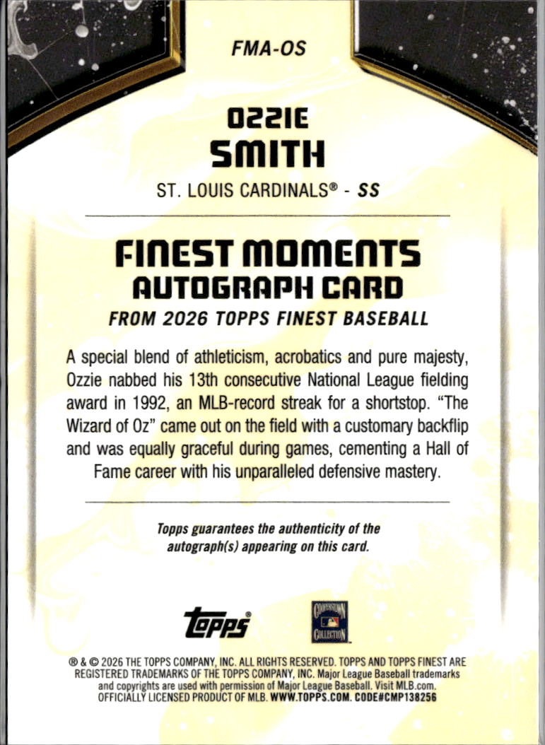 Ozzie Smith 2026 Topps Finest Moments Auto Autograph St. Louis Cardinals