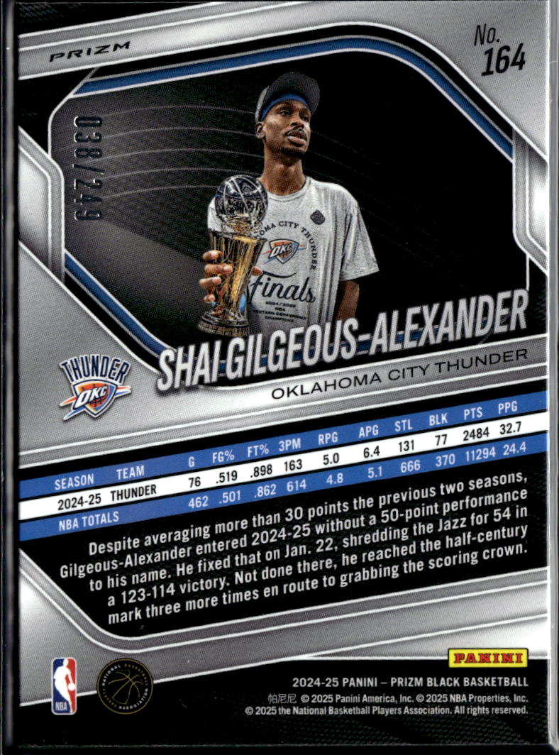 Shai Gilgeous-Alexander 2025 Prizm Black Shock 38/249 Oklahoma City Thunder