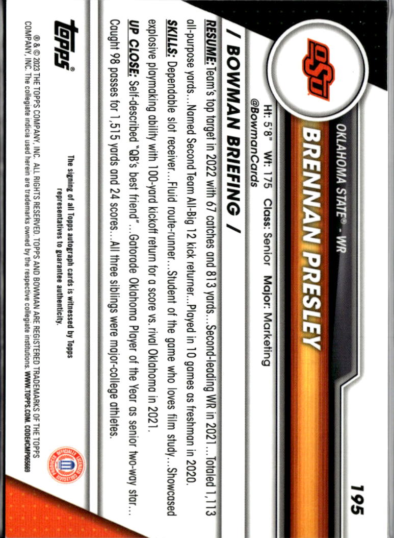 Brennan Presley 2023 Bowman Chrome 1st Auto Autograph RC Oklahoma State Bixby