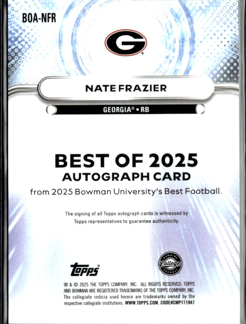 Nate Frazier 2025 Bowman's Best Auto Autograph RC 36/99 Georgia Bulldogs