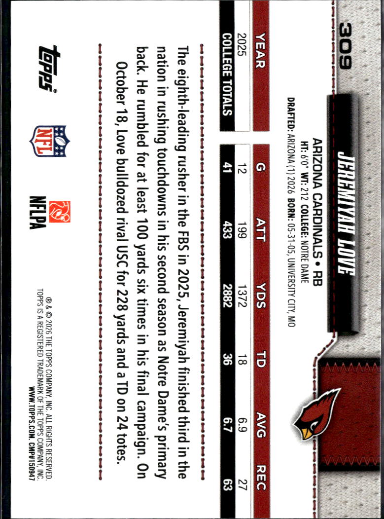 Jeremiyah Love 2026 Topps Team Logo Variation SSP Rookie RC Arizona Cardinals