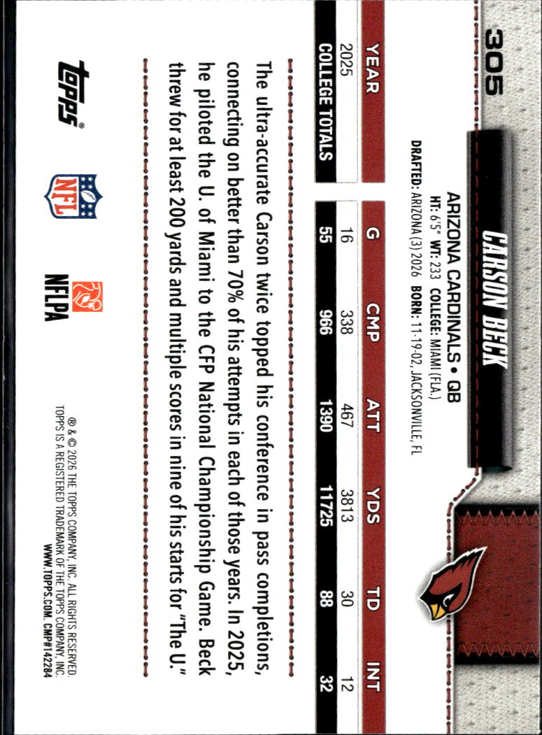Carson Beck 2026 Topps Flagship Sand Glitter Rookie RC #305 Arizona Cardinals