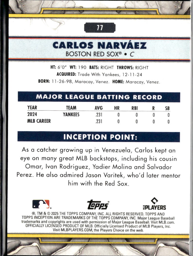 Carlos Narvaez 2025 Topps Inception Blue Rookie RC /25 Boston Red Sox