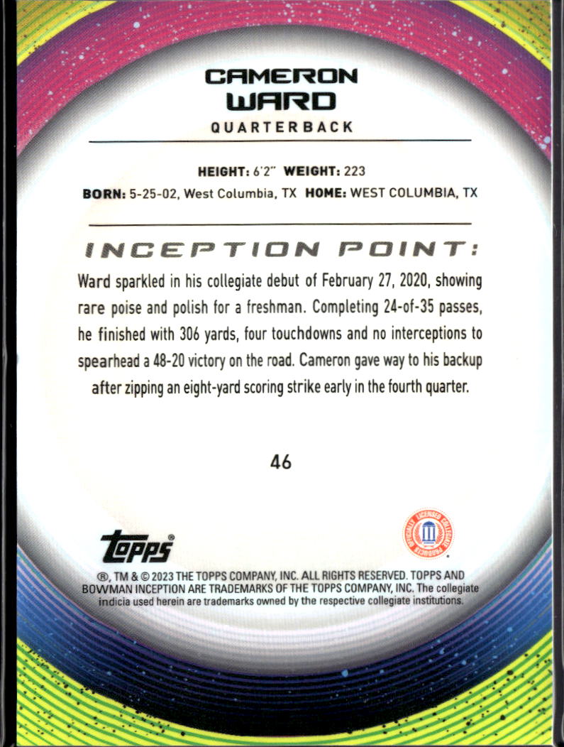 Cameron Cam Ward 2023 Bowman Inception Rookie RC 62/75 Washington State Titans