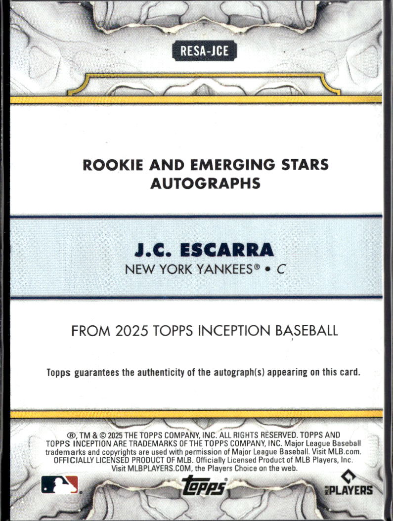J.C. Escarra 2025 Topps Inception Auto Autograph RC 73/299 New York Yankees
