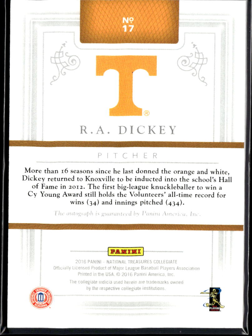 R.A. Dickey 2016 National Treasures Auto Autograph 8/10 Tennessee Volunteers
