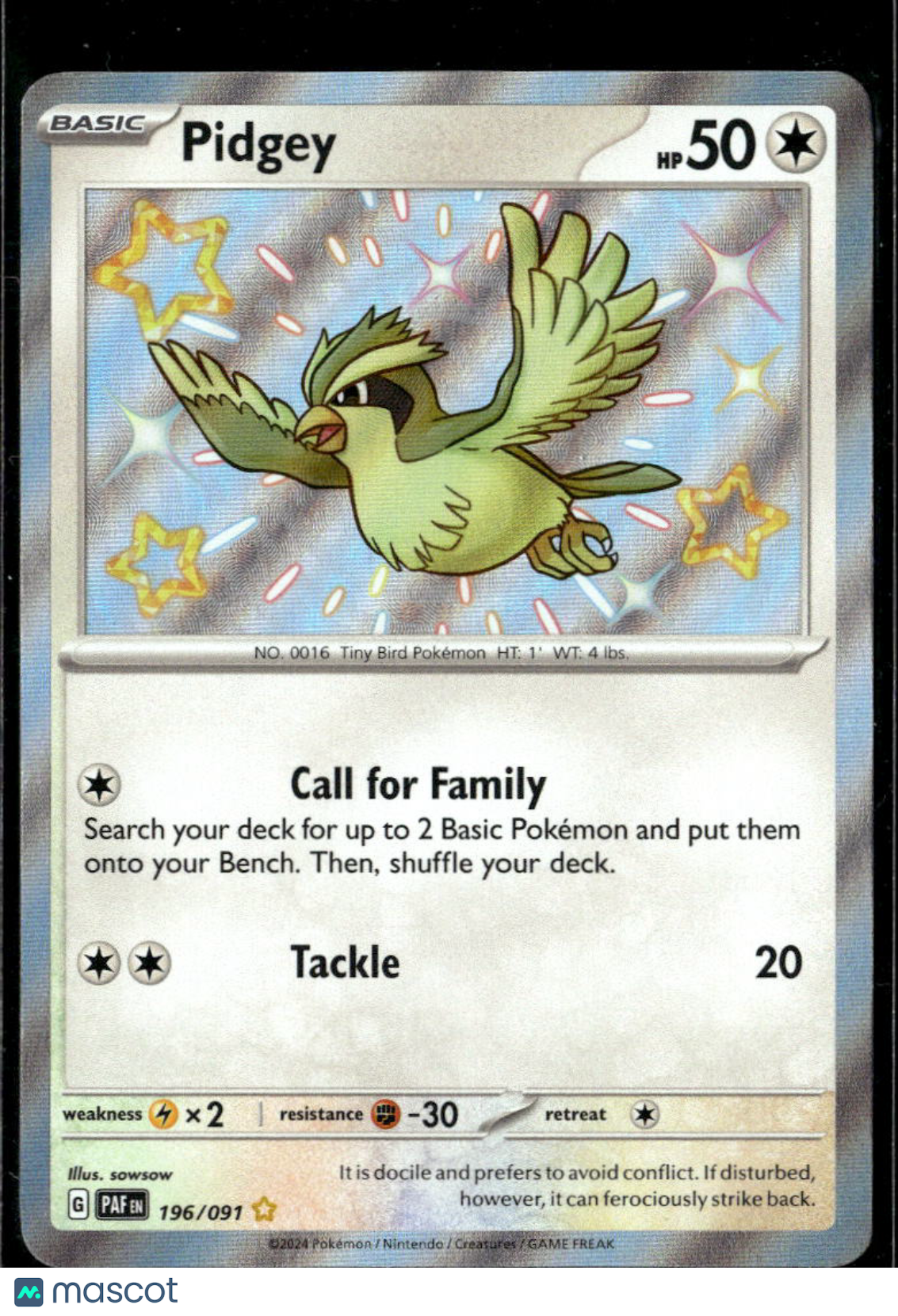 Pidgey 2024 Paldean Fates Holo Secret Rare #196/91