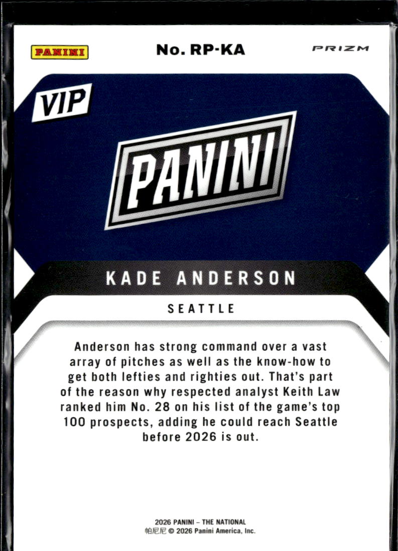 Kade Anderson 2026 Panini Prizm VIP Rated Prospect Silver Rookie RC Mariners