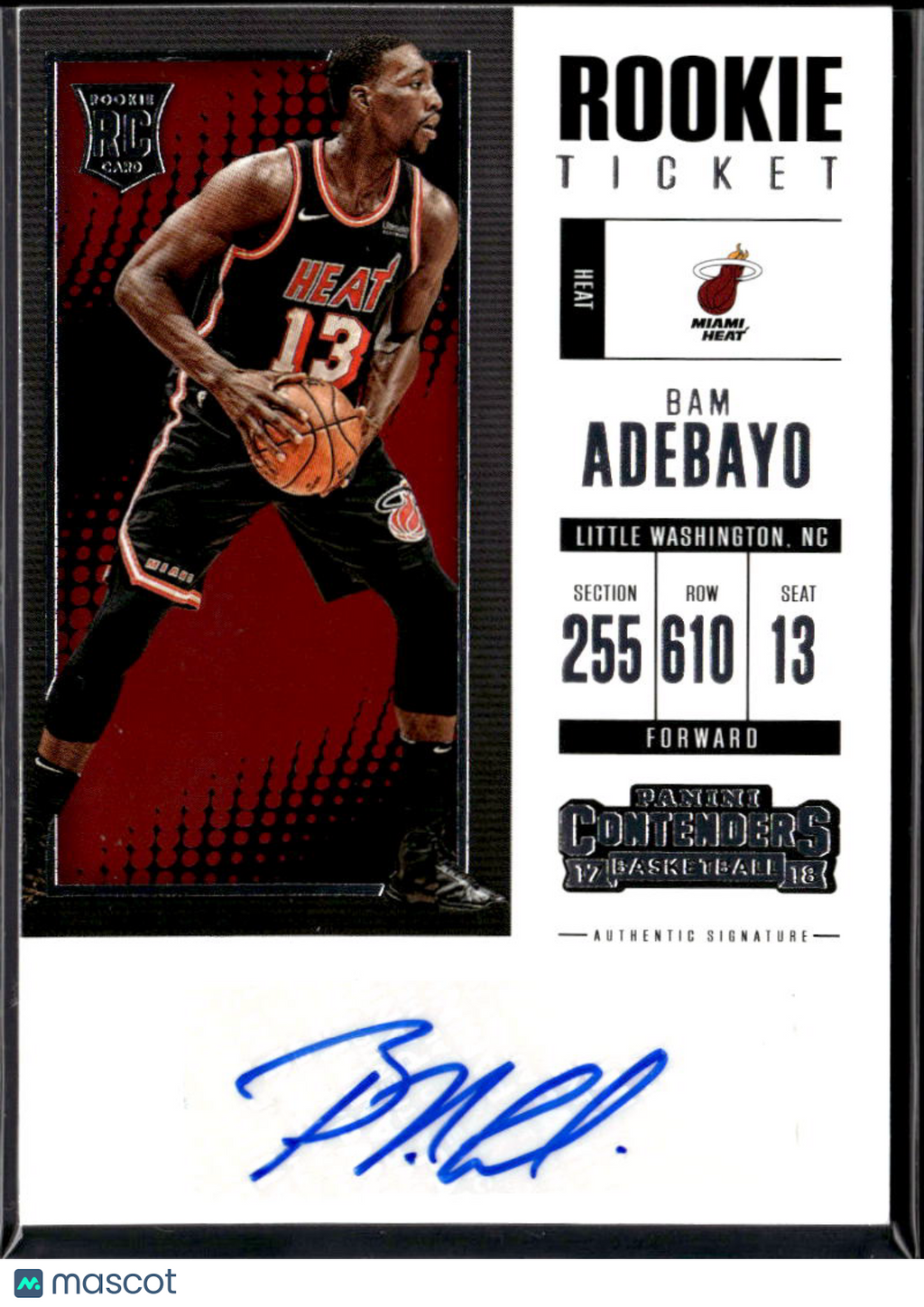 Bam Adebayo 2017-18 Contenders Auto Autograph RC Rookie Miami Heat