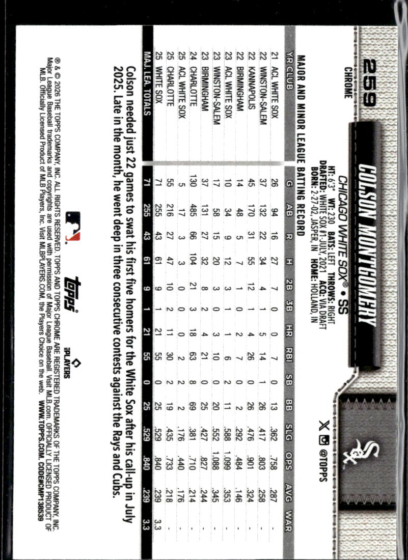 Colson Montgomery 2026 Topps Chrome Aqua Refractor RC 58/199 Chicago White Sox