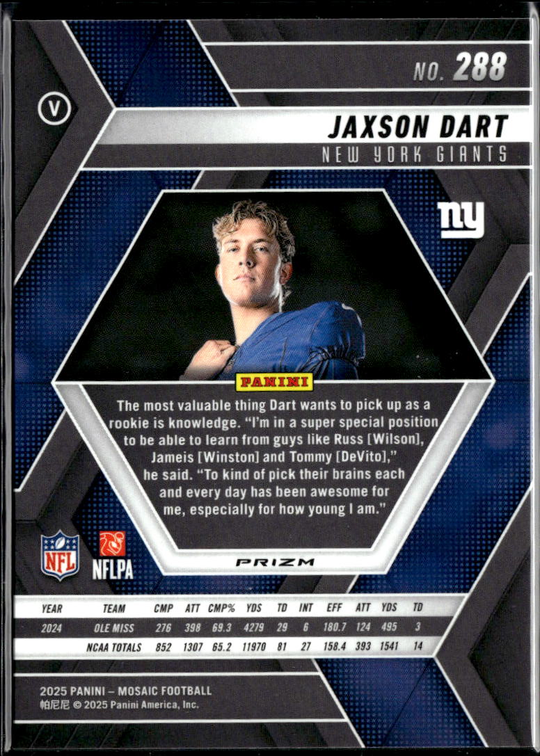 Jaxson Dart 2025 Mosaic Variation Blue Scope Prizm Rookie RC New York Giants