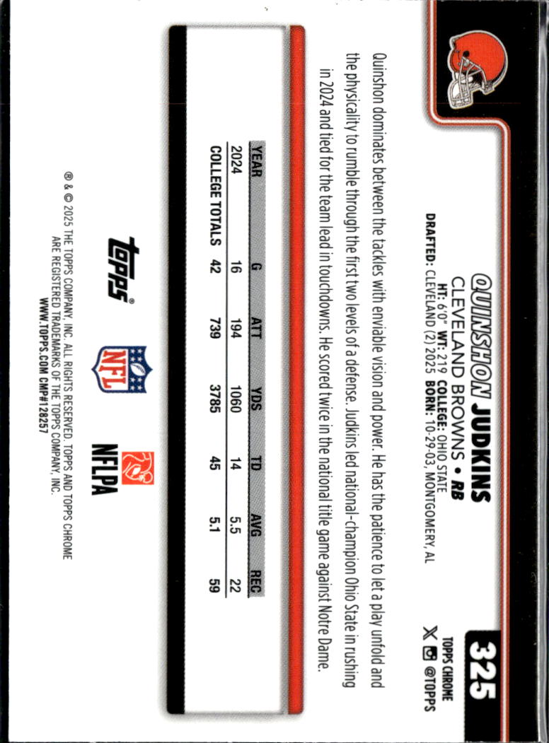 Quinshon Judkins 2025 Topps Chrome Green Leather Refractor RC 16/99 Browns