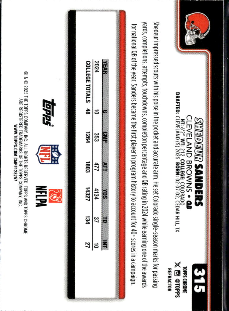 Shedeur Sanders 2025 Topps Chrome RC Rookie Refractor Cleveland Browns
