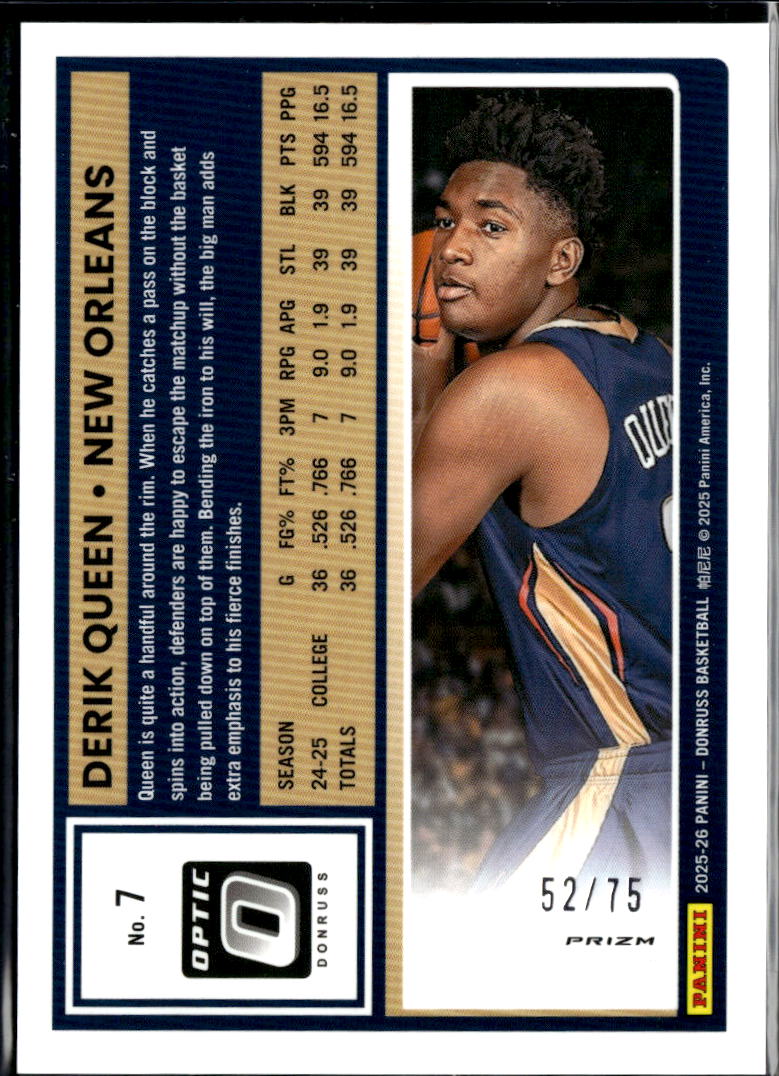 Derik Queen 2025 Optic Rated Rookie RC Purple 52/75 New Orleans Pelicans