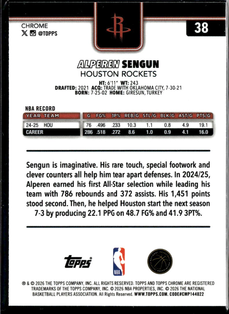 Alperen Sengun 2026 Topps Chrome Speckle Image Variation Houston Rockets