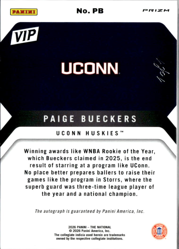 Paige Bueckers 2026 Prizm VIP The National GOLD VINYL Auto Autograph 1/1 UConn