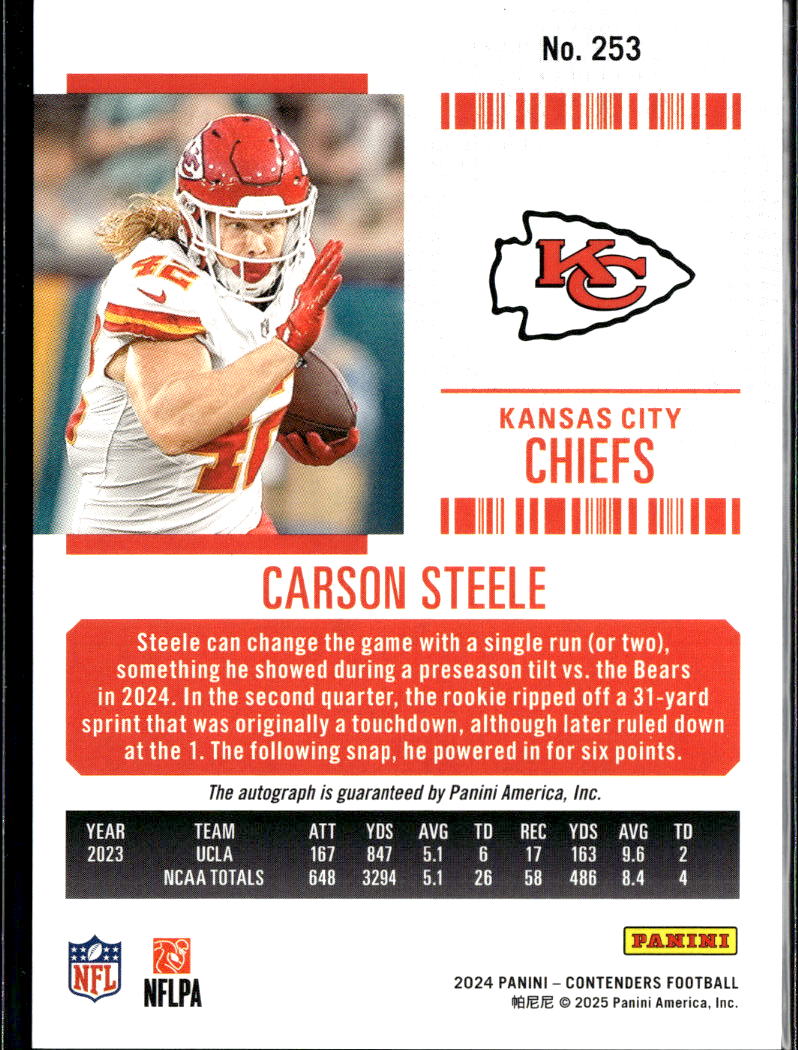 Carson Steele 2024 Contenders Auto Autograph RC 26/75 Kansas City Chiefs