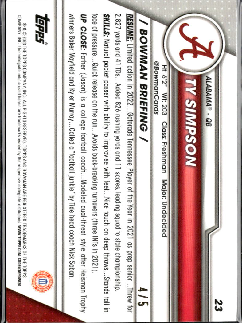 Ty Simpson 2023 Bowman Chrome Red Refractor RC 4/5 Alabama Crimson Tide