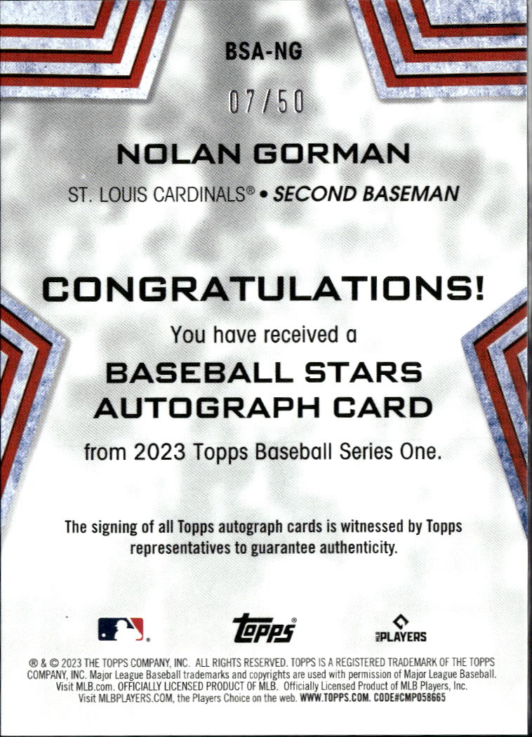 Nolan Gorman 2023 Topps Stars Auto Autograph RC GOLD 7/50 St. Louis Cardinals