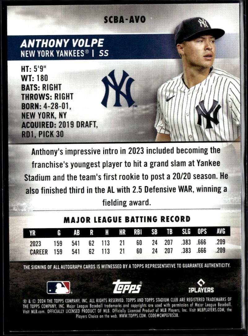 Anthony Volpe 2024 Topps Stadium Club Auto Autograph New York Yankees