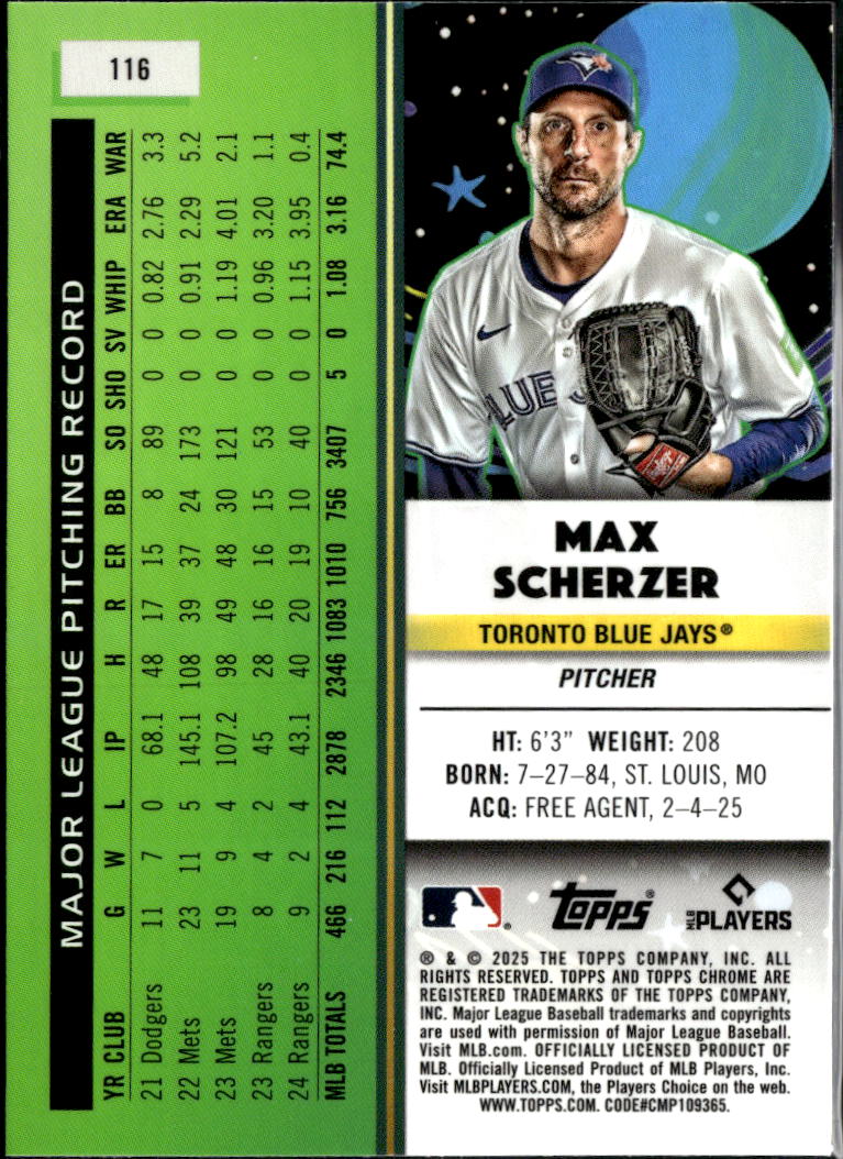Max Scherzer 2025 Topps Chrome Cosmic Blue Refractor 33/99 Toronto Blue Jays