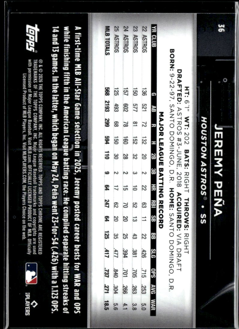 Jeremy Peña 2026 Topps Chrome Black Orange Refractor 13/25 Houston Astros