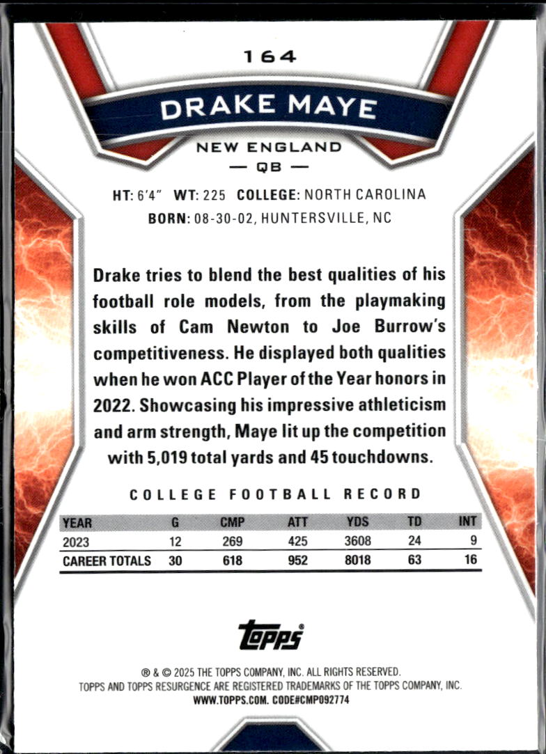 Drake Maye 2025 Topps Resurgence Prism Refractor Rookie RC New England Patriots