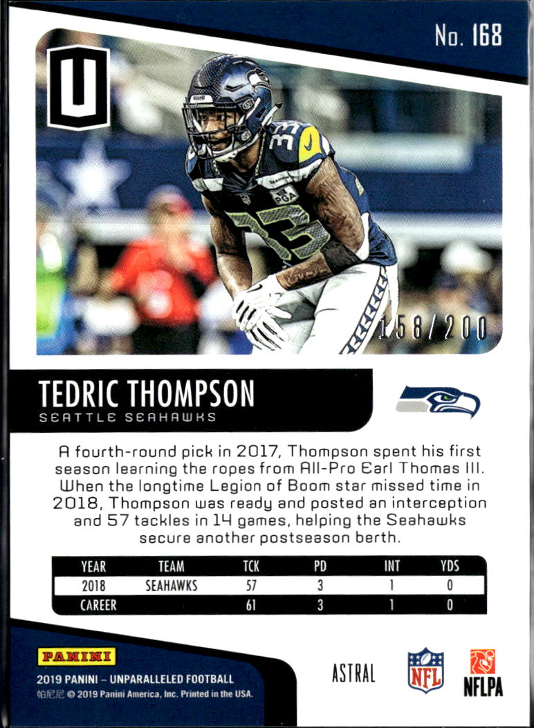 Tedric Thompson 2019 Unparalleled RC Astral 158/200 Seattle Seahawks
