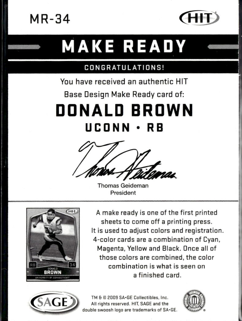 Donald Brown 2009 SAGE HIT Make Ready Black and White /50 Uconn Huskies
